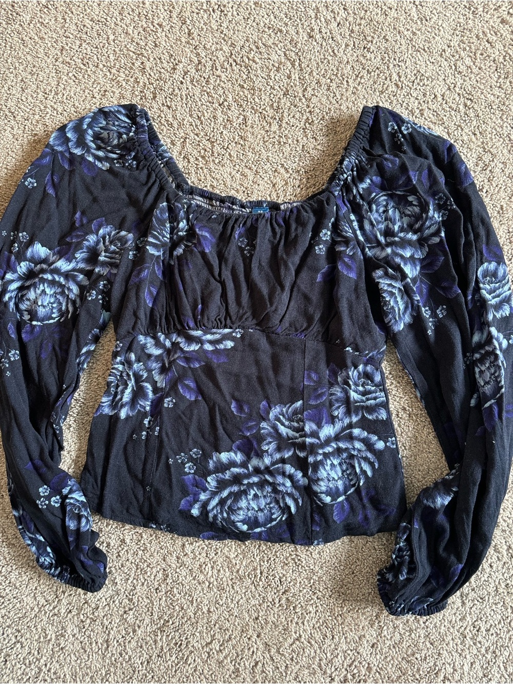 Old Navy Black Floral Peasant Top with Purple Accents